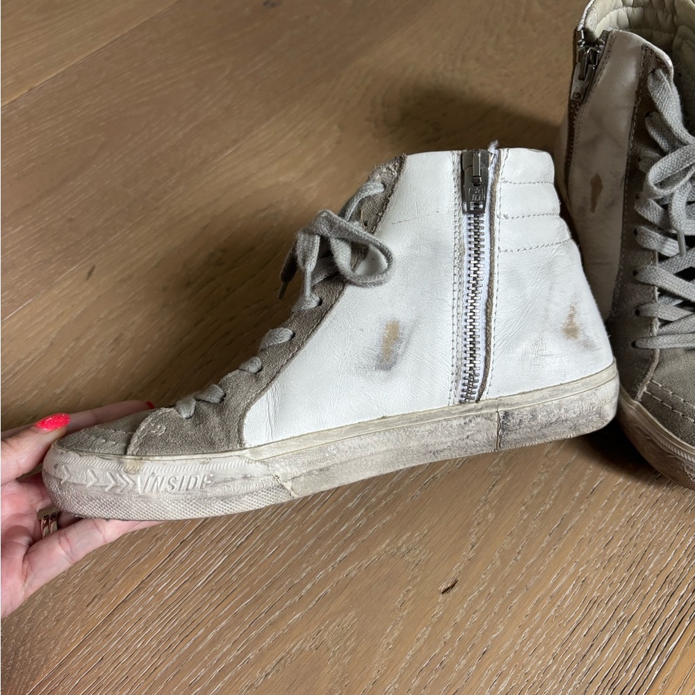 Golden Goose Slide High-Top Sneakers in White and Gray with Gold Logo - Picture 5 of 12